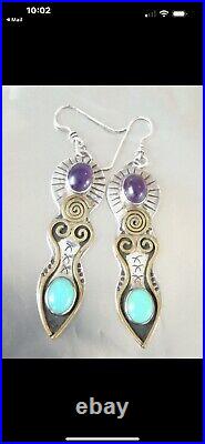 Navajo Sterling Silver Amethyst Long Drop Dangle Hook Earrings Vicki Martin Taos