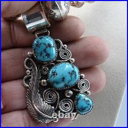 Navajo Sterling Silver Beaded Necklace and Pendant with Turquoise