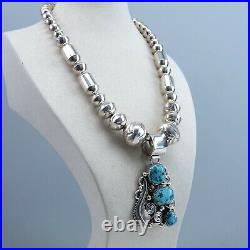 Navajo Sterling Silver Beaded Necklace and Pendant with Turquoise