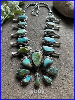 Navajo Sterling Silver Blue Green Royston Turquoise Squash Blossom Necklace. KY