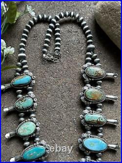 Navajo Sterling Silver Blue Green Royston Turquoise Squash Blossom Necklace. KY