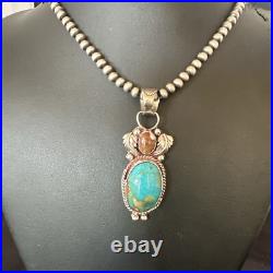 Navajo Sterling Silver Blue Kingman Turquoise Wild Horse Necklace Pendant 17225