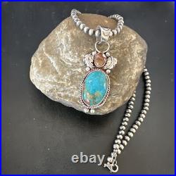 Navajo Sterling Silver Blue Kingman Turquoise Wild Horse Necklace Pendant 17225