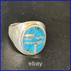 Navajo Sterling Silver Blue Turquoise Inlay Ring Sz 9.5 14749