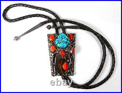 Navajo Sterling Silver Bolo Tie withBear Claw, Turquoise Stone & Red Coral (341)