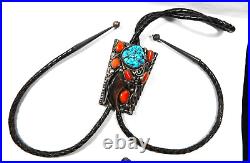 Navajo Sterling Silver Bolo Tie withBear Claw, Turquoise Stone & Red Coral (341)