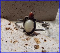 Navajo Sterling Silver Cuff Bracelet Mother of Pearl & Brown Gold Stone
