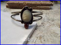 Navajo Sterling Silver Cuff Bracelet Mother of Pearl & Brown Gold Stone