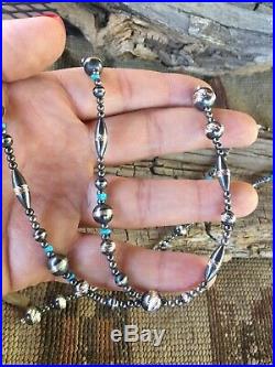 Navajo Sterling Silver Diamond Cut Pearl & Turquoise Lariat Choker Necklace