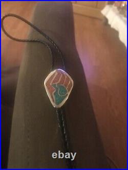 Navajo Sterling Silver Gold Tone Bolo Tie Turquoise Stone & Red Coral