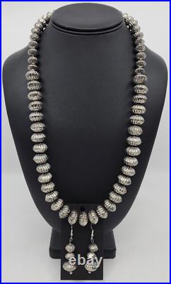 Navajo Sterling Silver Handmade Fluted Beaded Navajo Pearl Necklace & Earrings