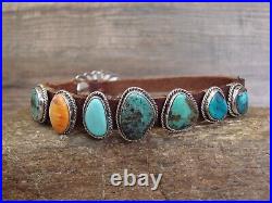 Navajo Sterling Silver & Leather Turquoise & Spiny Oyster Row Bracelet Signed BW