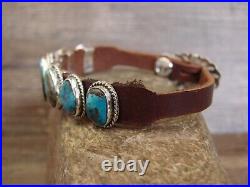 Navajo Sterling Silver & Leather Turquoise & Spiny Oyster Row Bracelet Signed BW