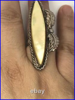 Navajo Sterling Silver MOP Signed TC Long Shell Leaf Ring Size7.5