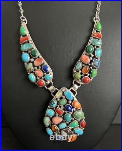 Navajo Sterling Silver Multi Stone Cluster Chain Necklace. Emer Thompson