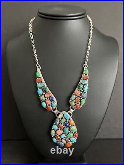 Navajo Sterling Silver Multi Stone Cluster Chain Necklace. Emer Thompson