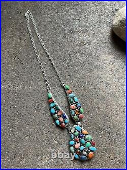 Navajo Sterling Silver Multi Stone Cluster Chain Necklace. Emer Thompson