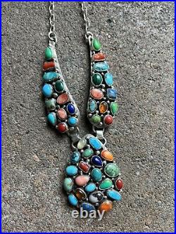 Navajo Sterling Silver Multi Stone Cluster Chain Necklace. Emer Thompson