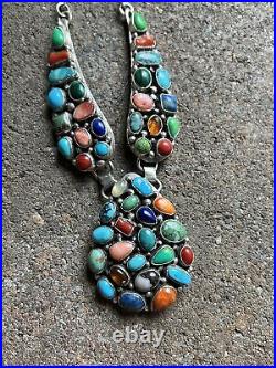 Navajo Sterling Silver Multi Stone Cluster Chain Necklace. Emer Thompson