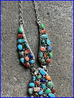 Navajo Sterling Silver Multi Stone Cluster Chain Necklace. Emer Thompson