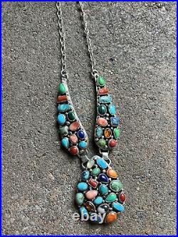 Navajo Sterling Silver Multi Stone Cluster Chain Necklace. Emer Thompson