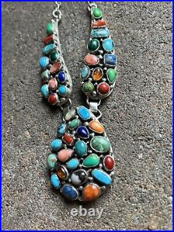 Navajo Sterling Silver Multi Stone Cluster Chain Necklace. Emer Thompson