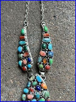 Navajo Sterling Silver Multi Stone Cluster Chain Necklace. Emer Thompson