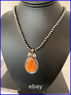 Navajo Sterling Silver Orange Spiny Oyster Pendant 20 Necklace 00325