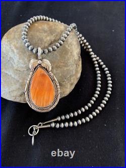 Navajo Sterling Silver Orange Spiny Oyster Pendant 20 Necklace 00325