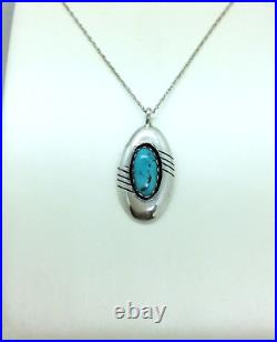 Navajo Sterling Silver Oval Turquoise Pendant Necklace Signed P Native American