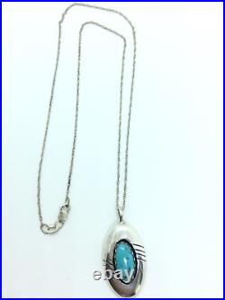 Navajo Sterling Silver Oval Turquoise Pendant Necklace Signed P Native American