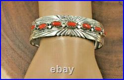 Navajo Sterling Silver Red Coral Cuff Bracelet Julia Slinky Sz. 7