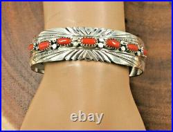 Navajo Sterling Silver Red Coral Cuff Bracelet Julia Slinky Sz. 7