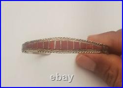 Navajo Sterling Silver & Red Coral Cuff Bracelet Signed MP Mariaplatero zise5.8