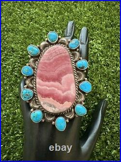 Navajo Sterling Silver Rhodochrosite Turquoise Cluster Adjustable Ring MJ Garcia