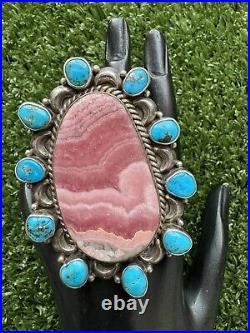 Navajo Sterling Silver Rhodochrosite Turquoise Cluster Adjustable Ring MJ Garcia