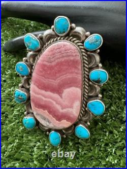 Navajo Sterling Silver Rhodochrosite Turquoise Cluster Adjustable Ring MJ Garcia