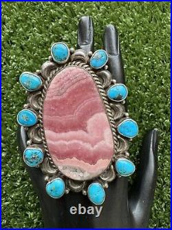 Navajo Sterling Silver Rhodochrosite Turquoise Cluster Adjustable Ring MJ Garcia