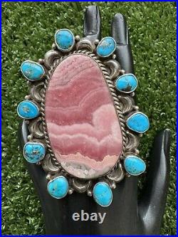 Navajo Sterling Silver Rhodochrosite Turquoise Cluster Adjustable Ring MJ Garcia