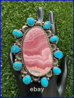 Navajo Sterling Silver Rhodochrosite Turquoise Cluster Adjustable Ring MJ Garcia
