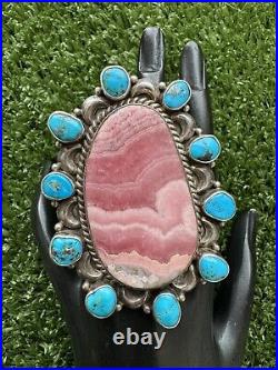 Navajo Sterling Silver Rhodochrosite Turquoise Cluster Adjustable Ring MJ Garcia