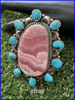 Navajo Sterling Silver Rhodochrosite Turquoise Cluster Adjustable Ring MJ Garcia