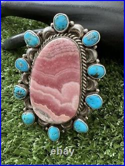 Navajo Sterling Silver Rhodochrosite Turquoise Cluster Adjustable Ring MJ Garcia