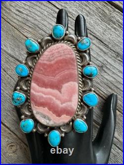 Navajo Sterling Silver Rhodochrosite Turquoise Cluster Adjustable Ring MJ Garcia