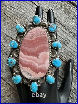 Navajo Sterling Silver Rhodochrosite Turquoise Cluster Adjustable Ring MJ Garcia