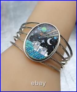 Navajo Sterling Silver Scenic Pueblo Night Sky Inlay Turquoise Planets Moon CUFF