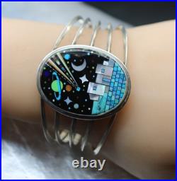 Navajo Sterling Silver Scenic Pueblo Night Sky Inlay Turquoise Planets Moon CUFF