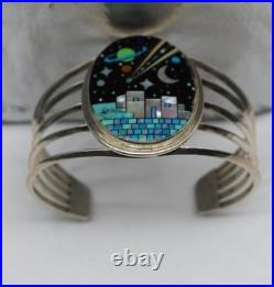 Navajo Sterling Silver Scenic Pueblo Night Sky Inlay Turquoise Planets Moon CUFF Navajo Sterling Silver Scenic Pueblo Night Sky Inlay Turquoise Planets Moon CUFF