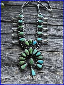Navajo Sterling Silver Sonoran Gold Turquoise Squash Blossom Necklace. KY