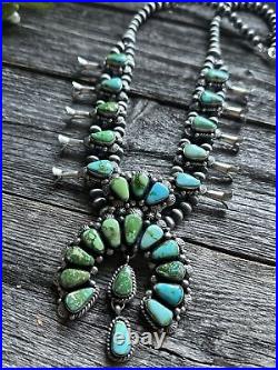 Navajo Sterling Silver Sonoran Gold Turquoise Squash Blossom Necklace. KY